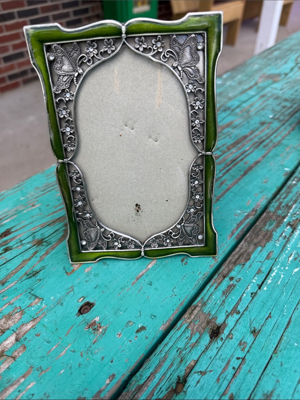 Green Enamel Photo Frame with Silver Floral Filigree vintage cast iron